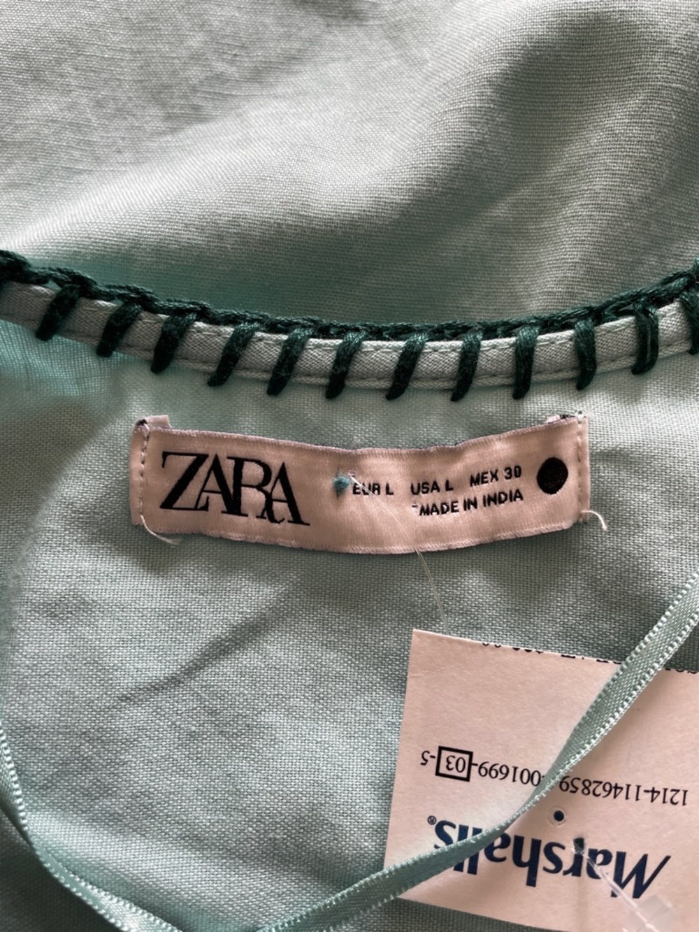 ZARA Blue Green Bloggers Fav Embroidered Linen Caftan Tunic Belted Dress NWT Lg - Picture 12 of 16